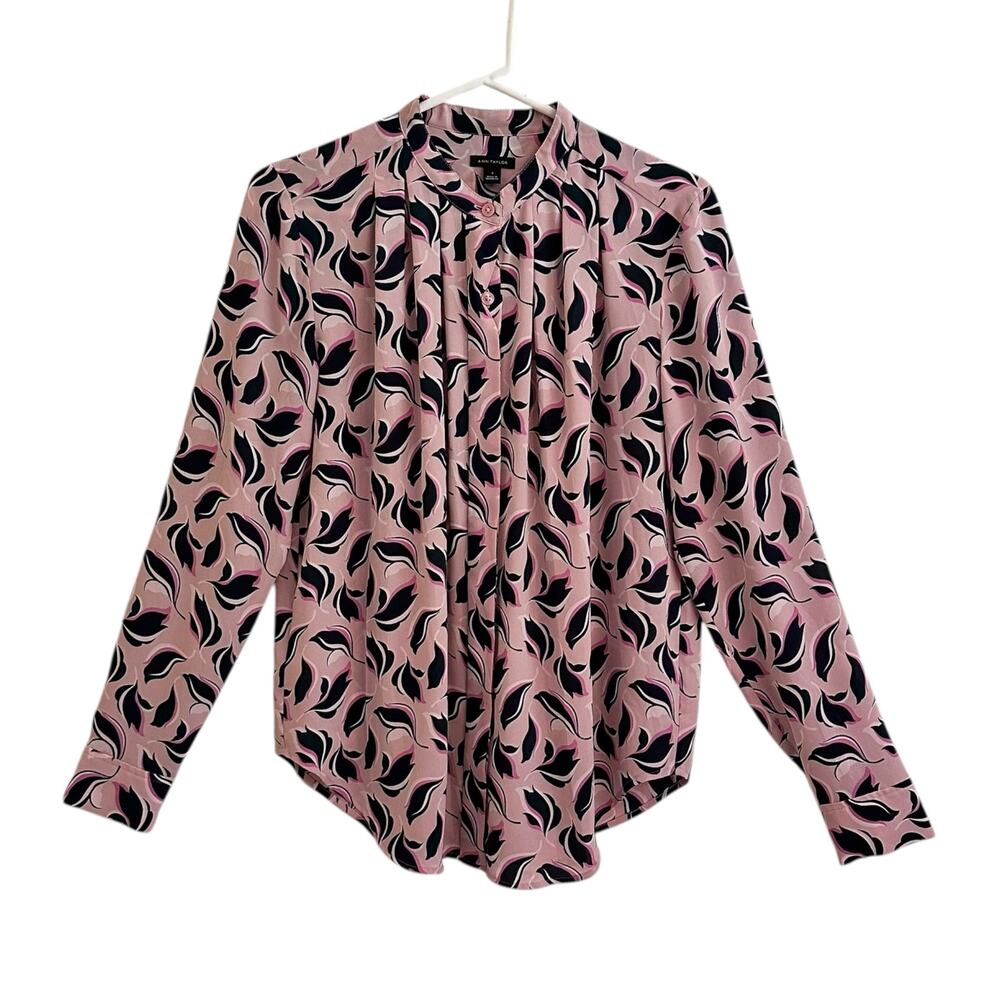 Ann Taylor Button Down Blousey Leaf Print Dusty Pink Tunic Top Sz Small  Boho